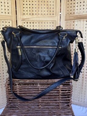 Steve Madden Black Faux Leather Satchel Crossbody Bag Tassel